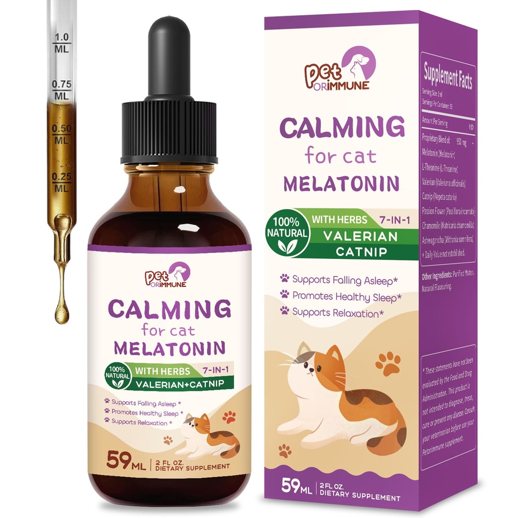 Cat Melatonin Natürliche Beruhigung Tropfen, Unterstützung Einschlafen & Gesunder Schlaf, Kräuterextrakt Entspannung Ergänzung mit L-Theanin, Baldrian, Katzenminze, Passionsblume und Kamille. 2 oz