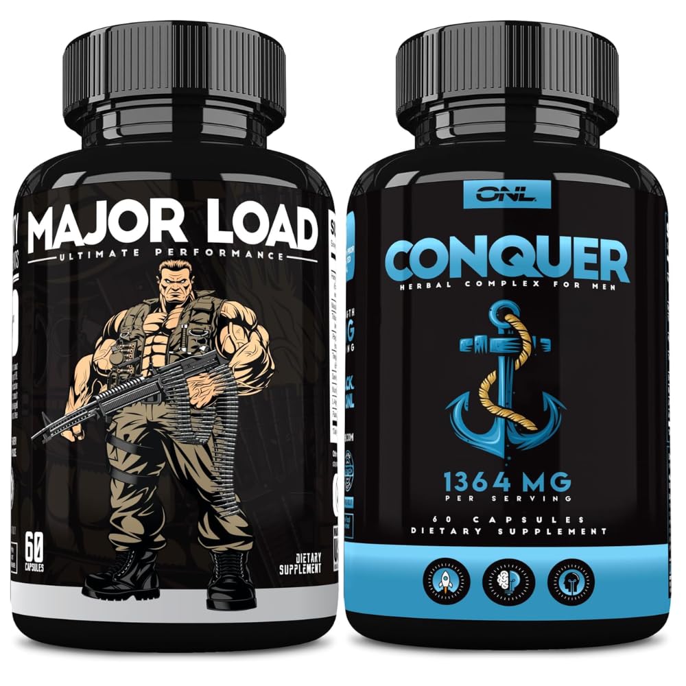 ONL Testosterone Booster & Vitality Bundle for Men – Major Load + Conquer – Energy, Strength & Fertility Support – with Tongkat Ali, Maca Root, Horny Goat Weed & Tribulus Terrestris (60 Ct Each)