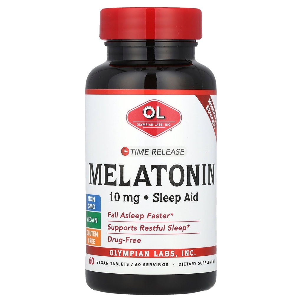 Olympian Labs Melatonin 10mg Time Release mit Vitamin B6 - Maximale Stärke Tabletten - Drug-Free, unterstützt Restaurierten Schlaf, Nacht Schlafhilfe - 60 Vegan Tabletten (60 Portionen)