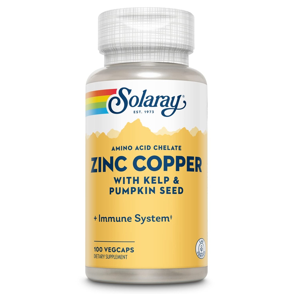 SOLARAY Zinc Cuivré Amino chélate - Supplément de soutien immunitaire avec/Zinc Chélaté 50mg - Bone, Skin, Heart Health et Thyroïde Support - avec Iodine de Kelp, garantie de 60 jours, 100 Serv, 100 VegCaps