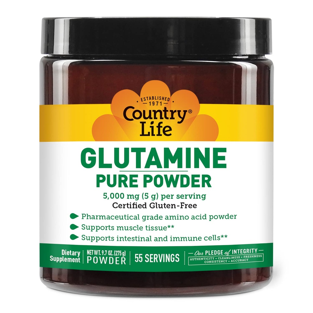 Country Life Glutamine Pure Poudre - 5000mg L-Glutamine - Tissu musculaire, Gut Health, Immune Support - Certifié sans gluten - Idéal avant/après l'entraînement Acid Amino Supplément, 55 portions, 9,7oz