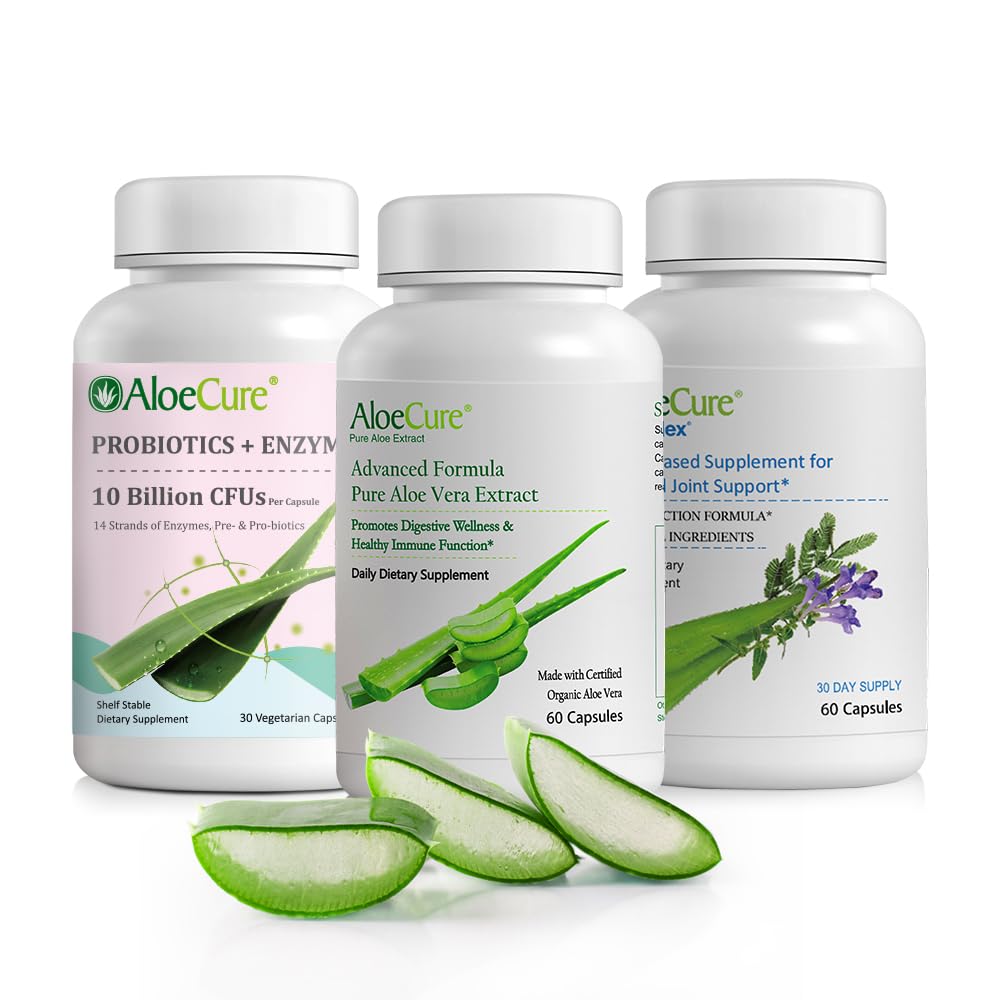 AloeCure Organic Aloe Vera Capsules Pack - 3 Stück - VeraFlex, Aloe Vera Kapseln, Probiotics + Enzyme