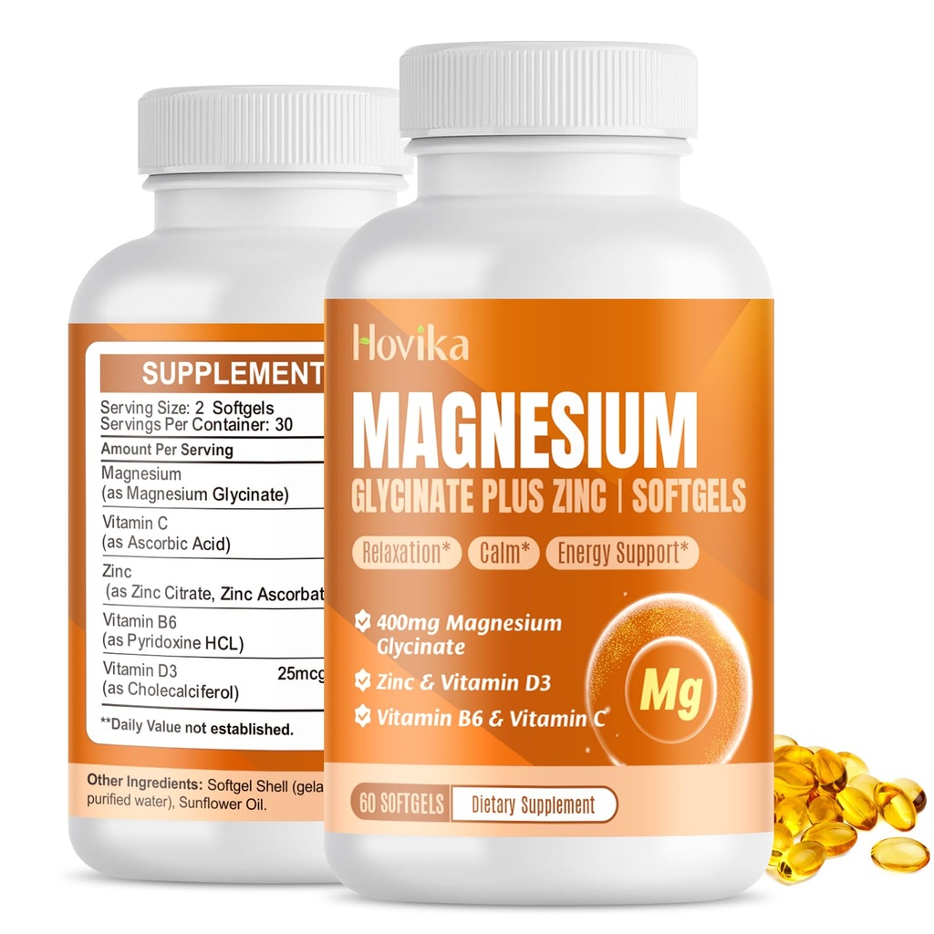 Supplément de Glycinat de magnésium softgels, Glycinat de magnésium 400mg avec zinc, vitamine B6, C, D3, Magnésium pur pour le sommeil, calme, musculaire, énergie, soutien cardiaque - 60 Capsules Vegan pour les femmes et les hommes