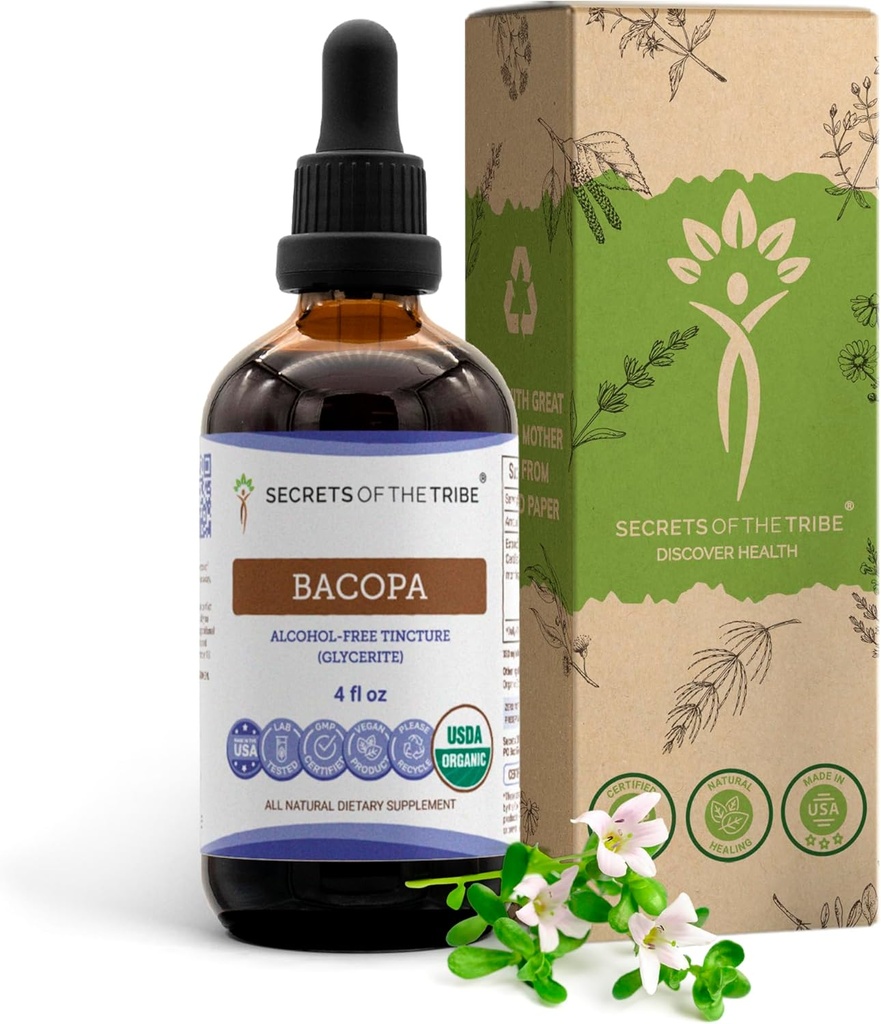 Bacopa USDA Biologique , Extrait d'alcool-FREE, gouttes d'herbes à haute puissance, relaxation, effet cognitif positif , Fabriqué à partir de 100% Bacopa biologique certifié (Bacopa Monnieri) Herbe séchée 4 oz