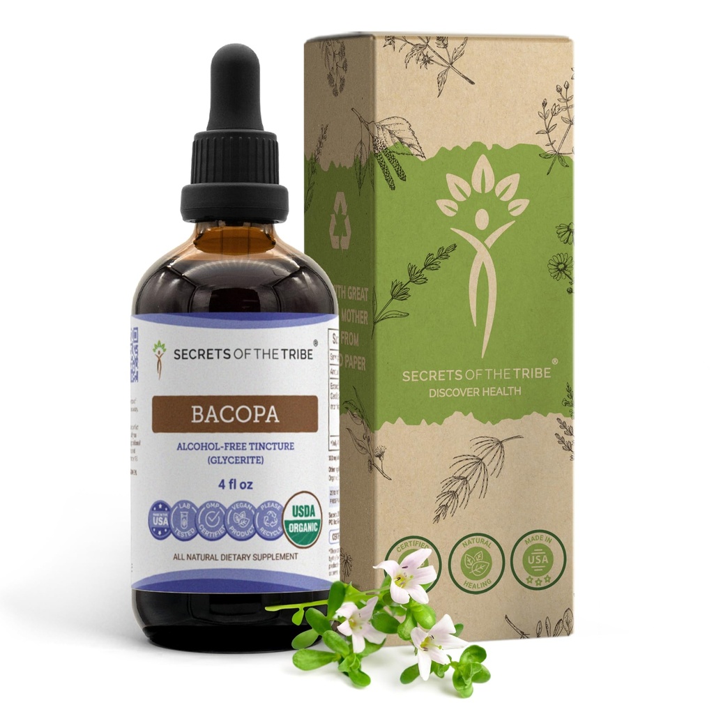 Bacopa USDA Organic | Alkohol-FREE Extrakt, hochkarätige Kräutertropfen, Entspannung, Positive kognitive Wirkung | Hergestellt aus 100% Certified Organic Bacopa (Bacopa Monnieri) Getrocknete Kräuter 4 oz
