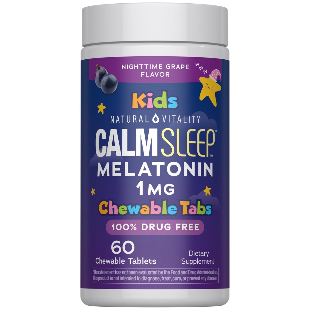 Natural Vitality Kids Calm Sleep Melatonin | 1mg Chewable Tablets | 100% Drug Free | Nighttime Grape Flavored Supplement | 60 Count