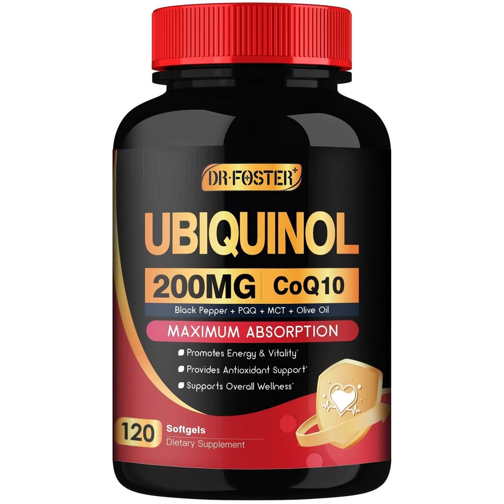 DRFOSTER Coq10 Ubiquinol 200mg, Coq10 200mg Softgels, Max Absorption Ubiquinol mit Vitamin E & PQQ & Schwarz Pfeffer, Leistungsstarkes Antioxidans, 120 Softgels
