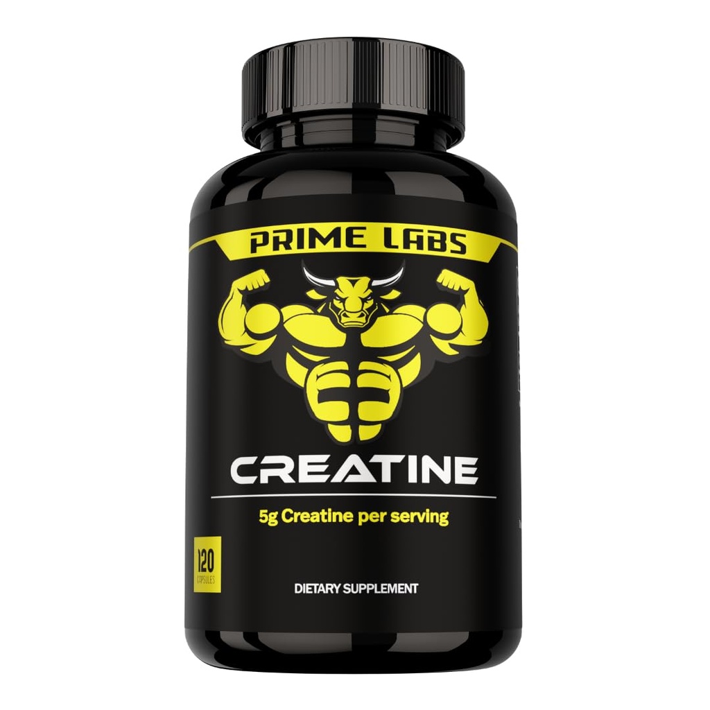 Prime Labs Creatine Monohydratkapseln - 5g (5000mg) - Muskelwachstum, Erholung, Gehirnfunktion - für Männer & Frauen - 120 Count
