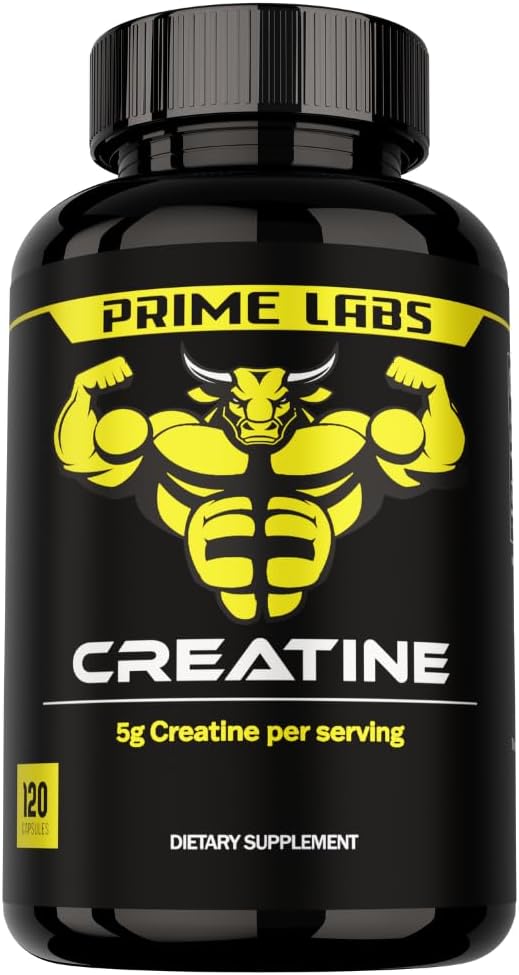 Prime Labs Creatine Monohydratkapseln - 5g (5000mg) - Muskelwachstum, Erholung, Gehirnfunktion - für Männer & Frauen - 120 Count