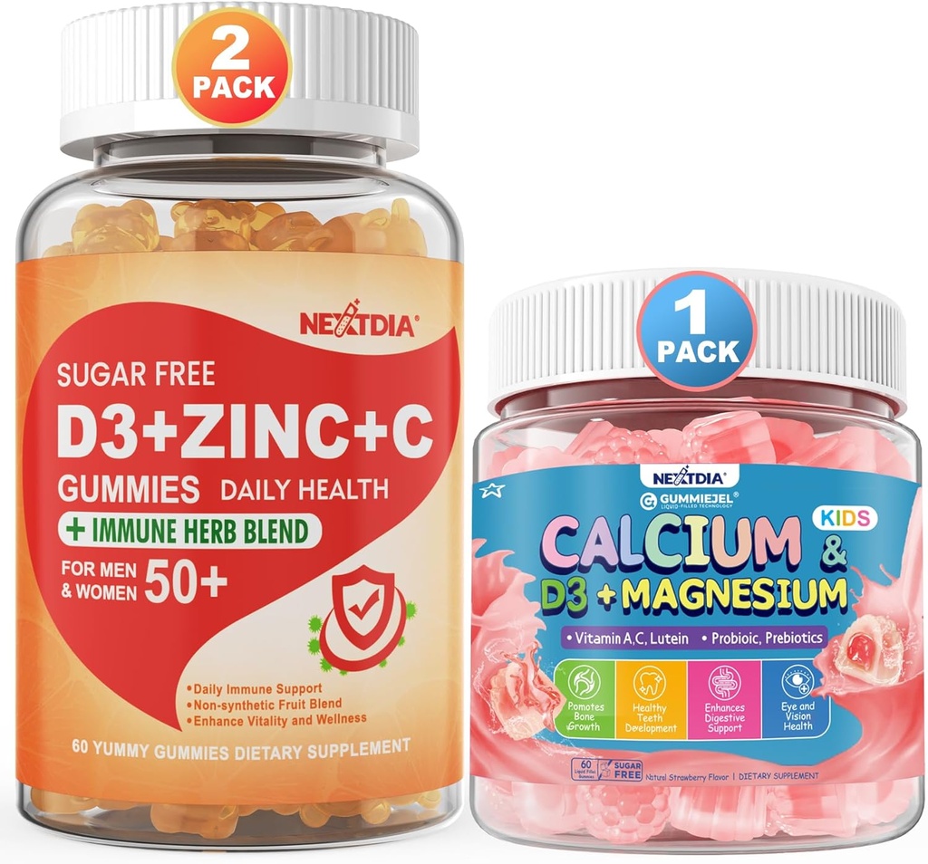 Zuckerfreies Vitamin C + D3 + Zink-Gummi für Erwachsene 50+ & Calcium + D3 & Magnesium gefüllte Gummi für Kinder 4+