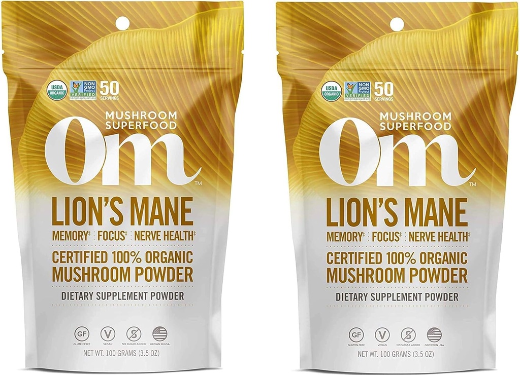 Om Bio Pilz Superfood Pulver, Lions Mane, 3.5 Unze (50 Servierungen) (Тwo Рack)
