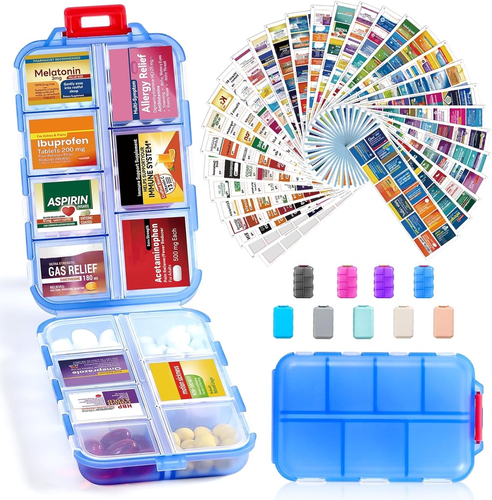 14 Grilles Pill Organizer Box with 415-Pcs Medicine Name Etiquettes - Pocket Daily Pharmacie Trousse de contenants - Distributeur de médicaments de voyage pour l'huile de poisson entreposage de supplément de vitamine - Bleu clair