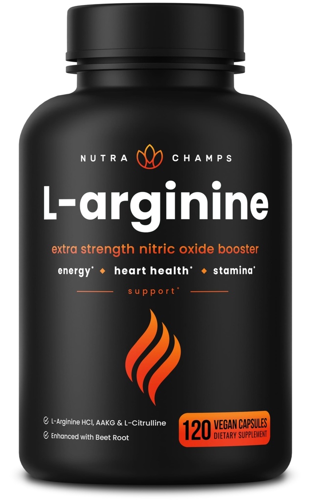 NutraChamps L-Arginin Supplement 1000mg + L-Citrulline 250mg & Beet Root – Nitric Oxid Booster for Heart Health, Energy & Stamina – Extra Strength Amino Acid Complex – 120 Vegan Capsules