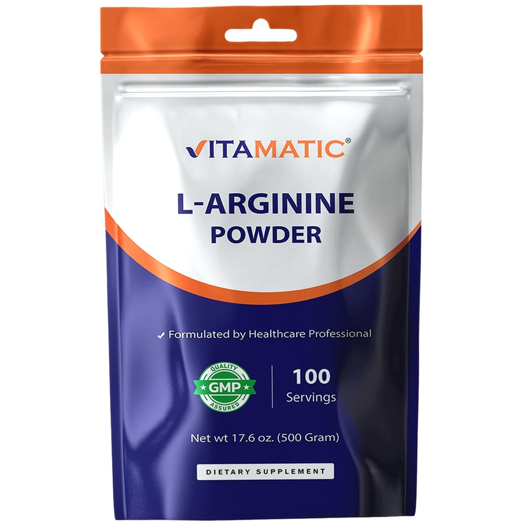 Vitamatic L-Arginine Pure Powder 500 Gram | Unflavored | Non GMO | Gluten Free | No Additives | 5000mg Per Serving | 100 Servings