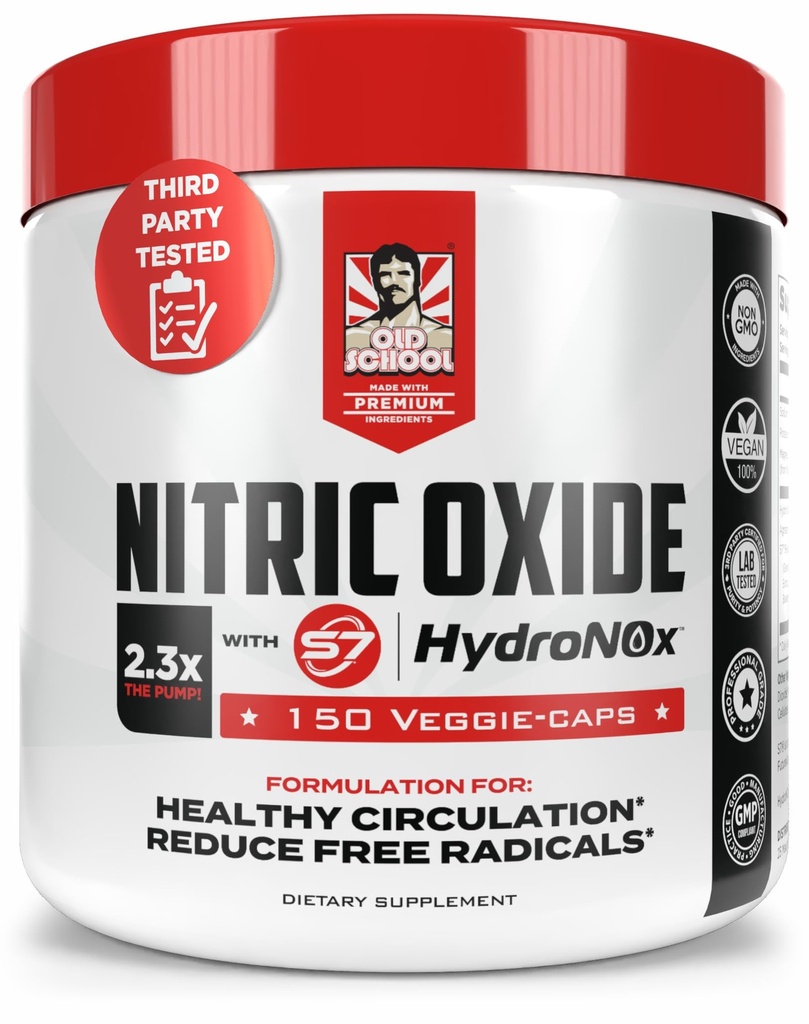 Old School Labs Nitric Oxide Booster for Men & Women, Pre-Workout Supplement with HydroNOx™ Citrulline HCl & S7® Blend for Enhanced Blood Circulation, Muscle Pump & Endurance - 150 Vegan Capsules