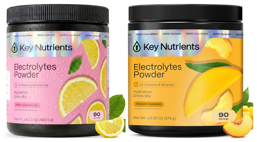 NUTRIENTS CLÉS Ultimate Hydratation & Recovery Electrolyte Bundle – Mango de pêche tropicale et citronade rose frais, sans sucre, 90 portions Chaque