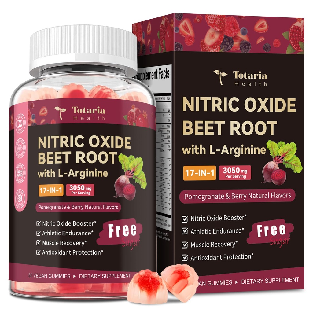 Totaria Beet Root Gummies - Beetroot Supplement with Grape Seed, Pomegranate, Vitamin C, B12 & B3 - Nitric Oxide Gummies for Heart, Blood Pressure & Cardiovascular Support Vegan, Non-GMO, Sugar Free