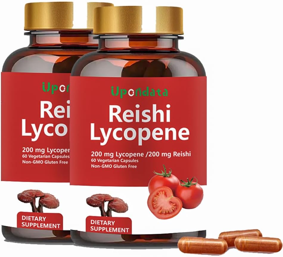 Capsules de lycopène, Lycopène naturel 200mg avec Mushroom Reishi Bio 200mg Supplément pour la santé de la prostate et le soutien immunitaire - sans gluten, sans OGM, 60 Capsules (2 Pack)
