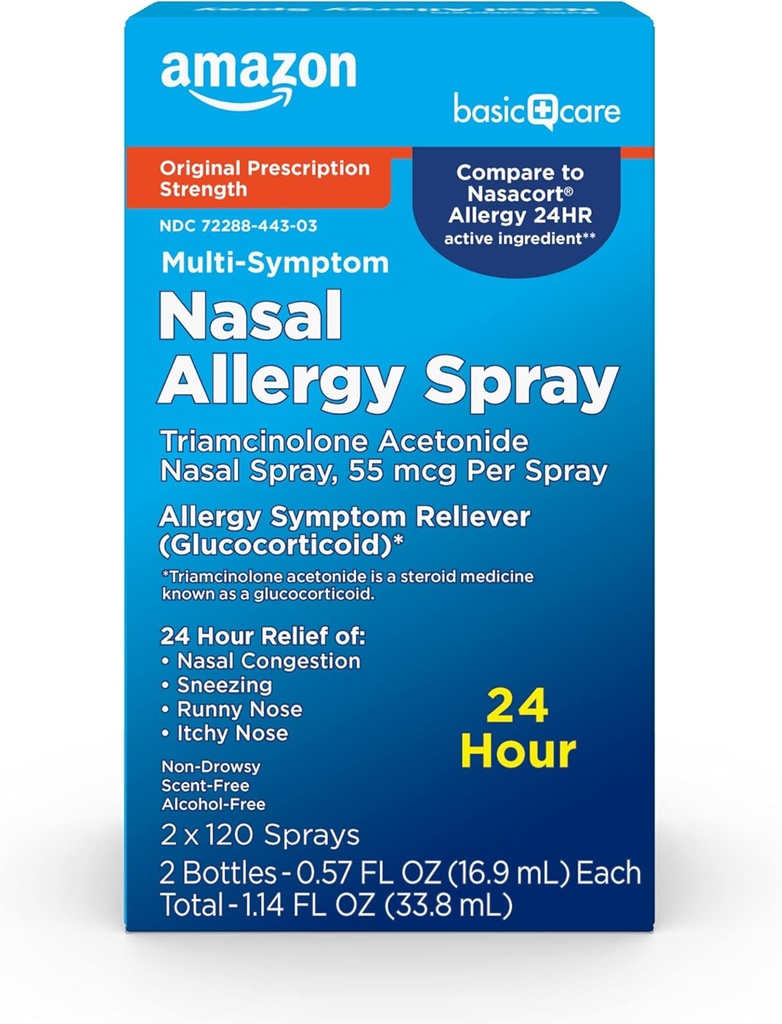 Amazon Basic Care Multi-Symptom Triamcinolon Acetonide Nasal Allergy Spray, 55 mcg, 0.57 fl oz (Pack von 2)