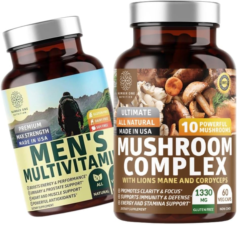 Number One Nutrition N1N Premium Mushroom Complex [10X Powerful Mushrooms] and Men's Daily Multivitamin [35 Potent Ingredients], 2 Pack Bundle