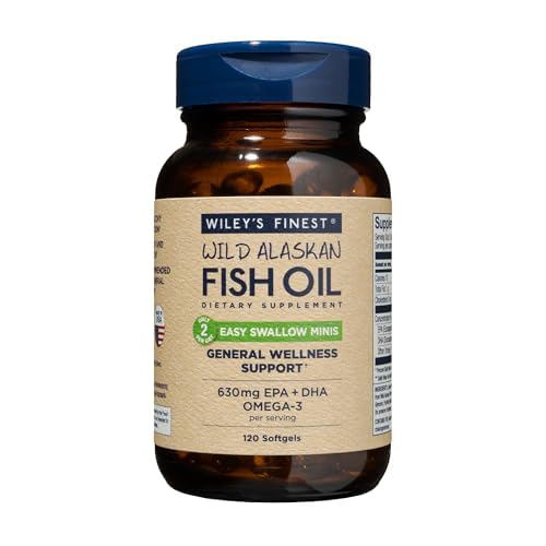 Wiley's Finest Wild Alaskan Fish Oil Easy Swallow Minis - Omega-3-Fischöl-Ergänzung für Erwachsene und Kinder - Doppelstärke 630mg EPA und DHA Natural Supplement - 120 Mini Softgels (60 Portionen)