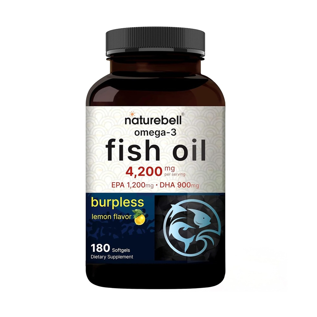NatureBell Omega-3-Fischöl - 180 Softgels - Unterstützung für Gelenk-, Gehirn- und Herzgesundheit * - mit EPA & DHA - Keine Rupps oder fischigen Nachgeschmack - Nicht-GVO & Quecksilber-freie Formel - Zitronengeschmack