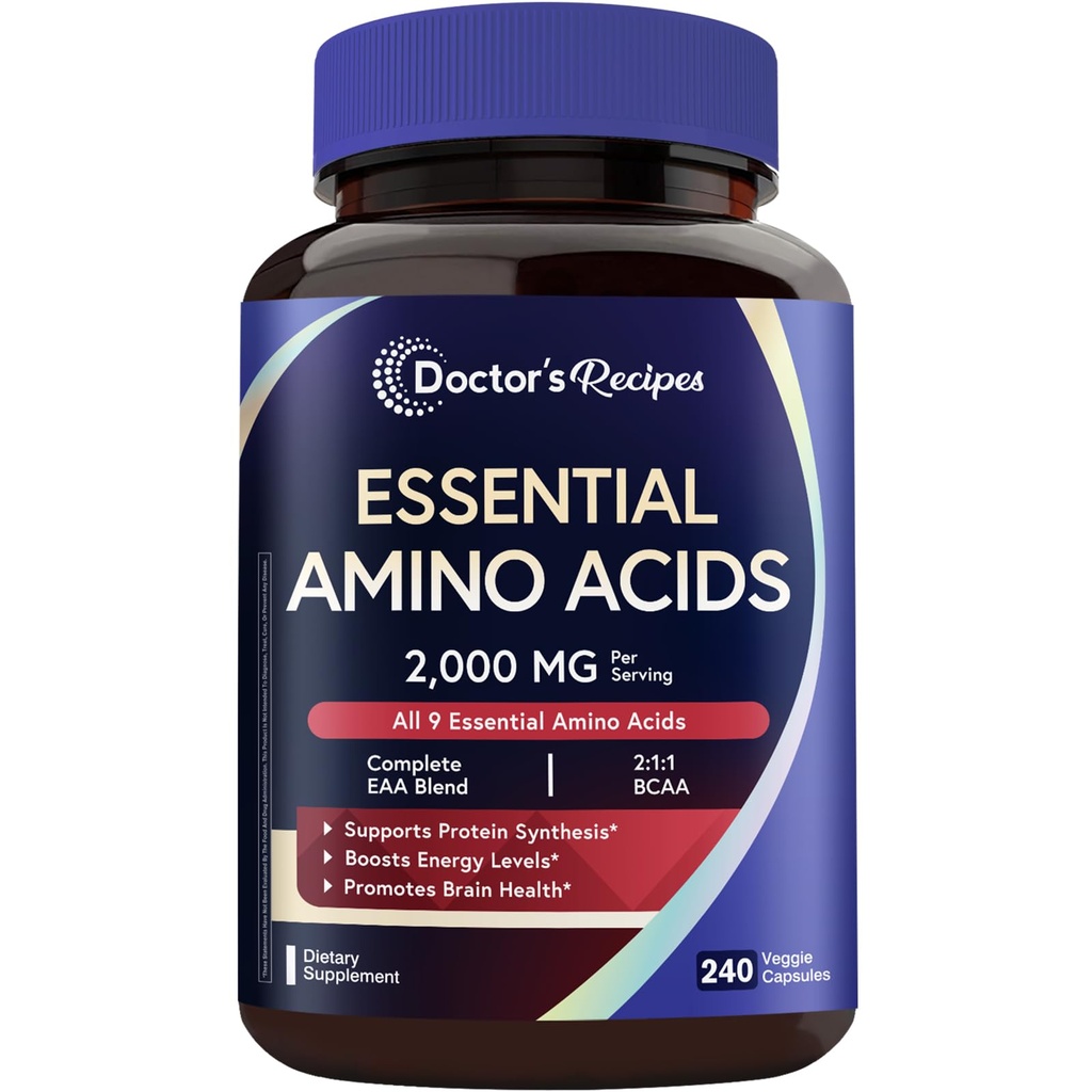 Arzt Rezepte essentielle Aminosäuren Supplement, Alle 9 essentielle Aminosäuren (EAA), BCAA 2:1:1, 240 Veggie Kapseln