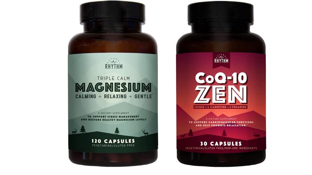 Rhythme naturel Cardio Calm Bundle - Triple Calm Magnésium 150mg, 120 Capsules + CoQ10-ZEN (Coenzyme Q10 + L-Carnitine + L-Theanine), 30 Capsules