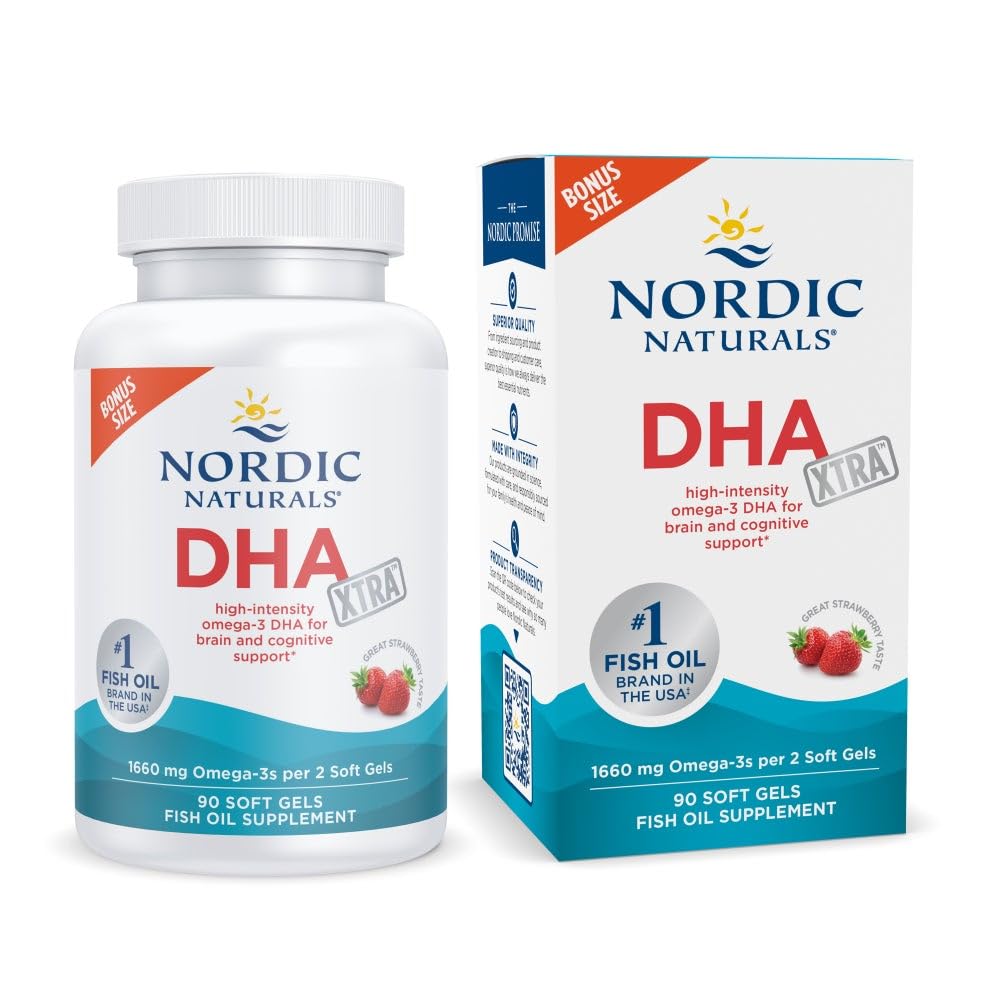 Nordic Naturals DHA Xtra, fraise - 90 gels mous - 1660 mg Oméga-3 - Formule DHA haute intensité pour le cerveau et le système nerveux - Non-OGM - 45 portions