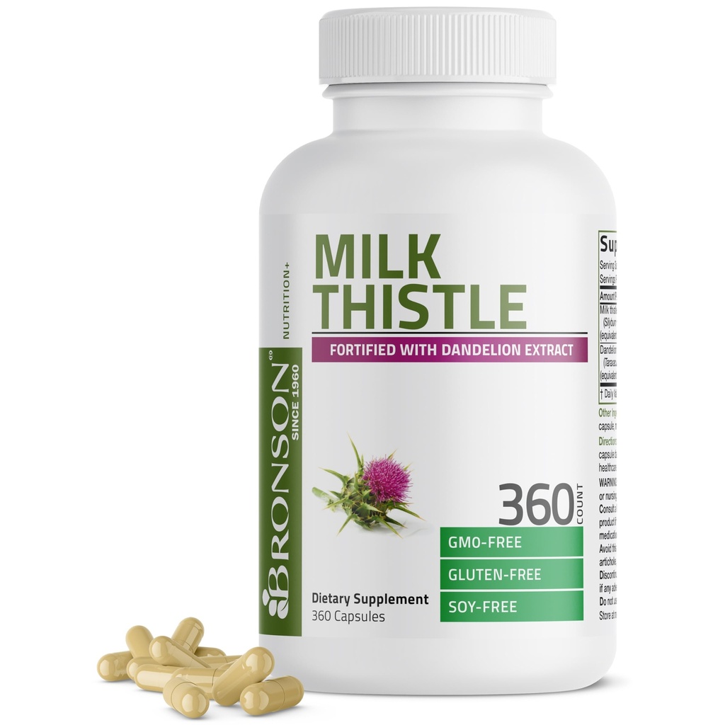 Bronson Thistle de lait Silymarin Marianum & Dandelion Root Liver Health Support, Antioxydant Support, Detox, 360 Capsules