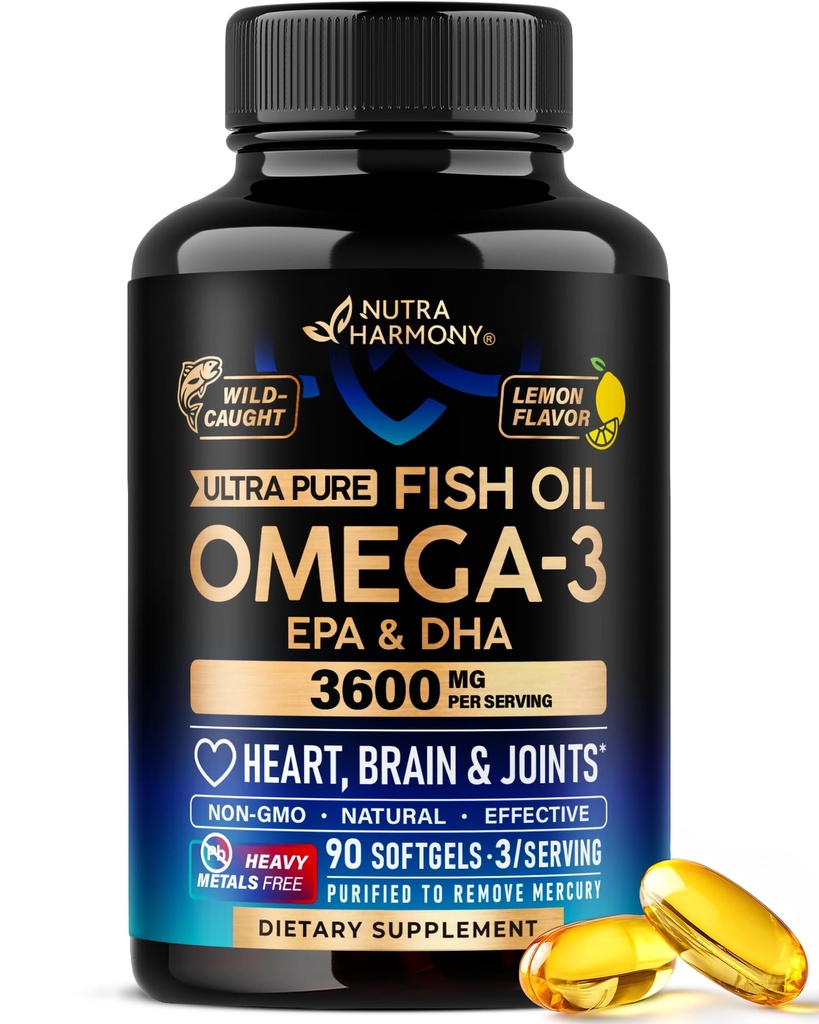 Omega 3 Fischöl 3600 mg - Omega 3 Supplement | EPA & DHA - Heavy Metals Free - Heart, Brain & Joint Support - Gereinigtes Fischöl für Männer & Frauen - Zitrone aromatisiert - Made in USA, 90 Softgels
