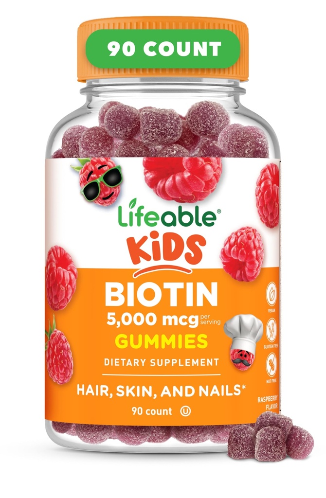 Lifeable Kids Biotin Gummies | 5,000mcg | Great Tasting Natural Flavor Biotin Supplement | Vegan Non GMO Hair Gummies | for Hair Skin and Nails | 90 Gummies