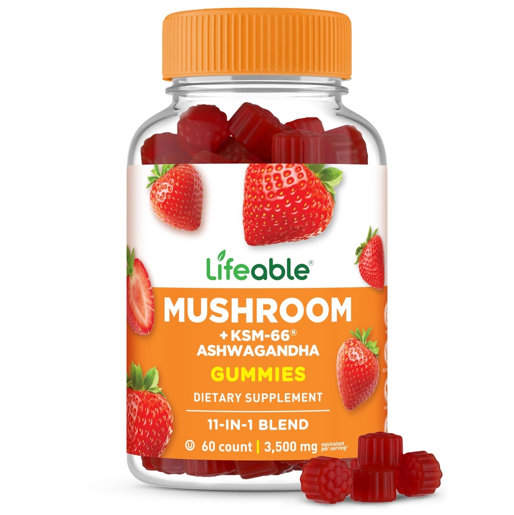 Lifeable Mushroom Gummies for Adults | 10 Mushroom Complex Blend with Ashwagandha KSM-66 | Vegan Kosher Non-GMO Mushroom Supplement Extract | Great Tasting Focus & Energy Support | 60 Gummies