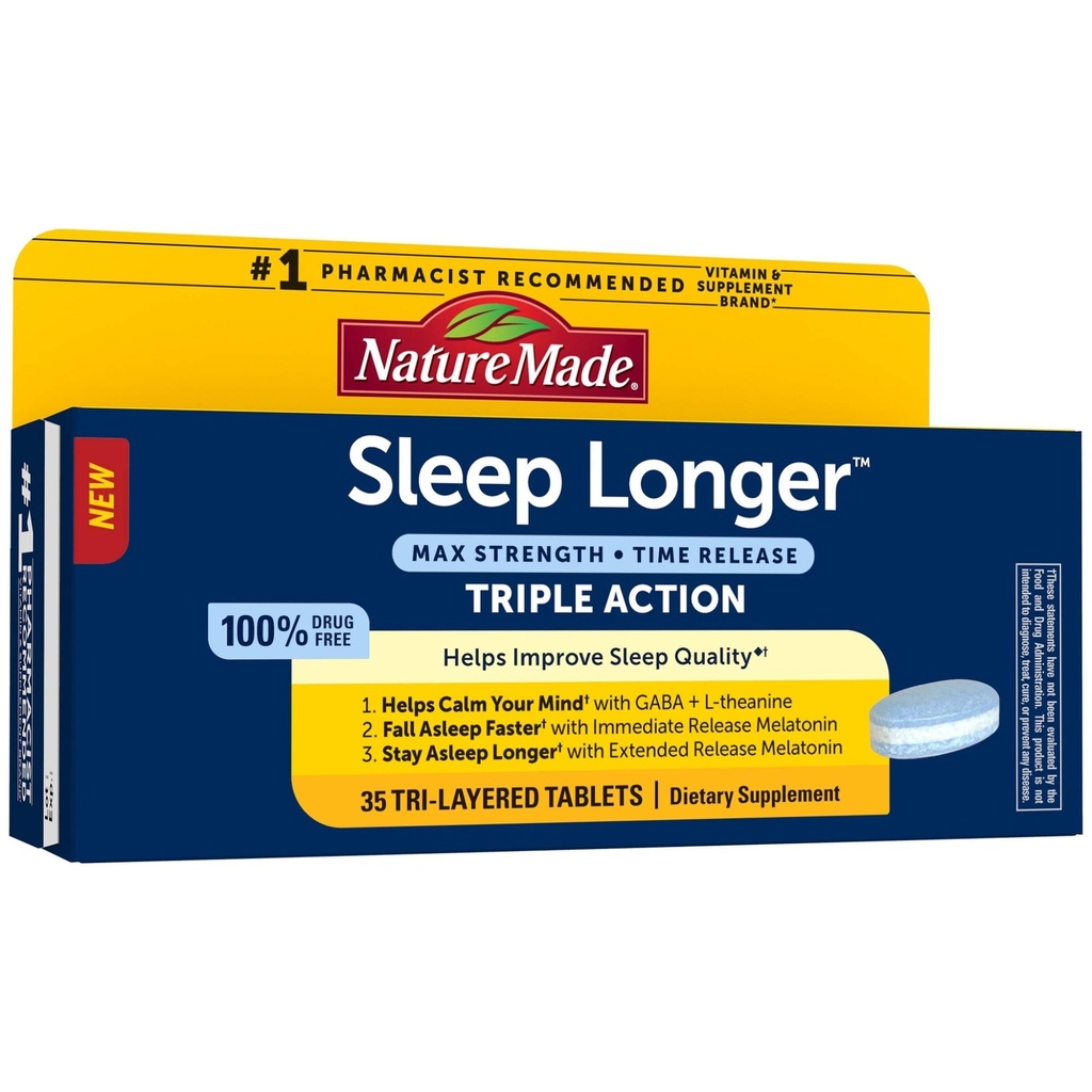 Nature Made Sleep Longer, Melatonin 10mg Time Release Tri-Layer Tablets, Helps Improve Sleep Quality, Fall Asleep Faster, Stay Asleep Longer, L-Theanine and GABA to Help Calm Your Mind, 35 Tablets