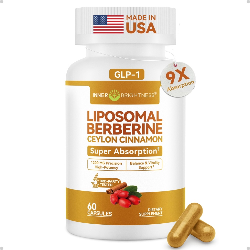 Liposomal Berberine with Ceylon Cinnamon 1200MG - GLP-1 Friendly, High-Absorption Berberine Supplement, Natural Body Balance Support - Non-GMO, 60 Veg Capsules, Made in USA, Lab Tested