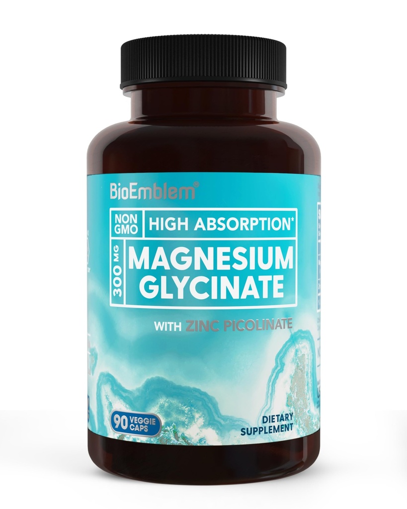 BioEmblem Magnésium Glycinate avec Zinc - Supplément de magnésium chélaté de 300 mg - Complexe végétalien non-OGM 2-en-1 à absorption élevée - Support immunitaire, Muscles, Nerves - 90 Capsules