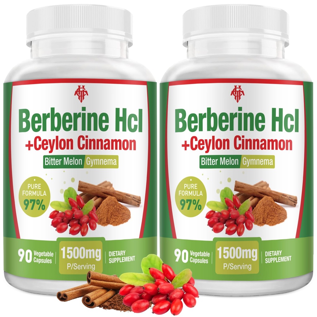Supplément Berberine 1500mg - Premium Berberine HCl 97% Pureté Berberine Plus Pure Ceylan Cinnamon, Berberine haute puissance pour hommes femmes, Non-OGM Vegan 2Pack