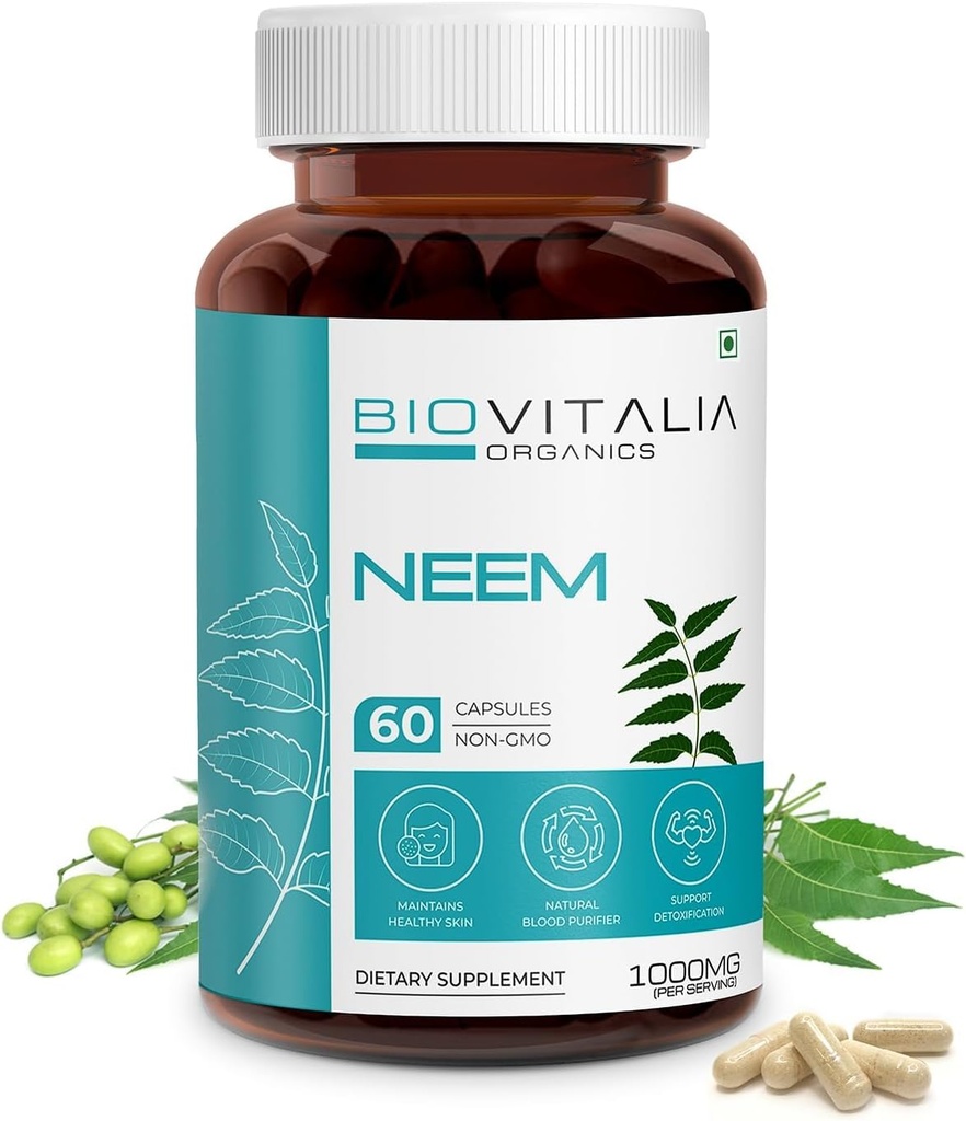 Biovitalia Pflanze basiert Neem 1000mg Kapsel für Männer & Frauen | Nahrungsergänzung | Unterstützung Gesunde & Promote Entgiftung - 60 Vegan Kapseln