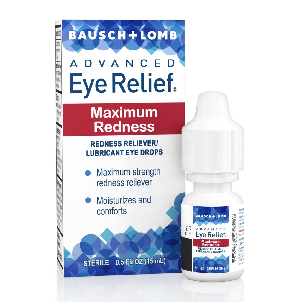 Bausch + Lomb Advanced Eye Relief, Maximum Redness Reliever et Lubrifiant gouttes oculaires, apaisants brûlures et irritées yeux secs, hydratants et conforts, 0,5 Fl Oz (paquet de 6)