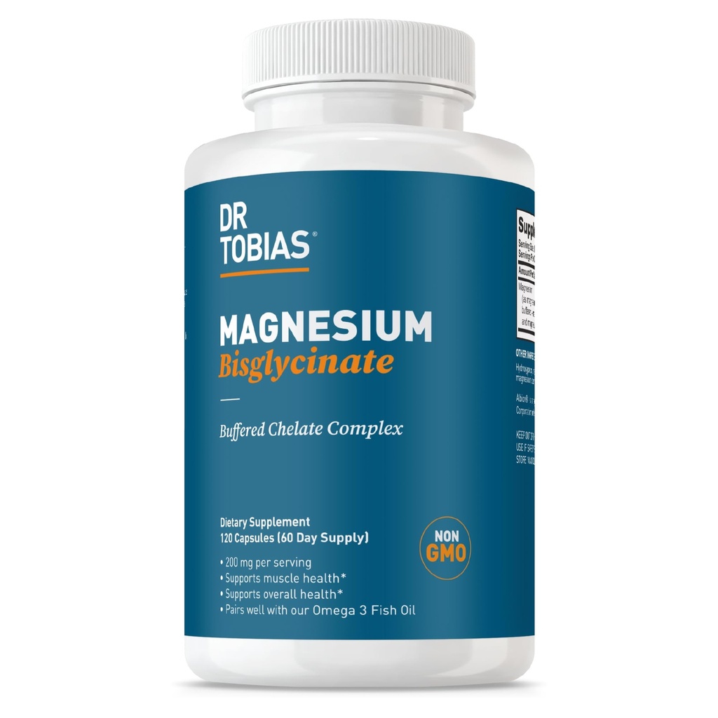 Dr Tobias Magnésium Bisglycinate, complexe de chélate tamponné de magnésium à haute absorption, 200 mg par gélule, soutient l'énergie, la santé musculaire, osseuse et articulaire, supplément de magnésium non OGM, 120 capsules
