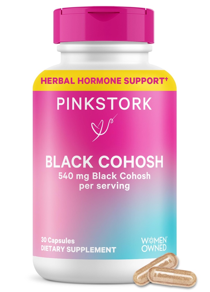 Pink Stork Black Cohosh Ergänzungen für Damen - 540 mg Pure Black Cohosh für Perimenopause, Menopause Support- 30 Kapseln