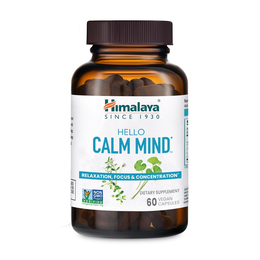 Himalaya Hello Calm Mind Herbal Supplement, with Bacopa, L-Theanine, Gotu Kola, Supports Concentration & Focus, Cognitive Function, Clear Thinking, Relaxation, Vegan, Gluten Free, 60 Capsules
