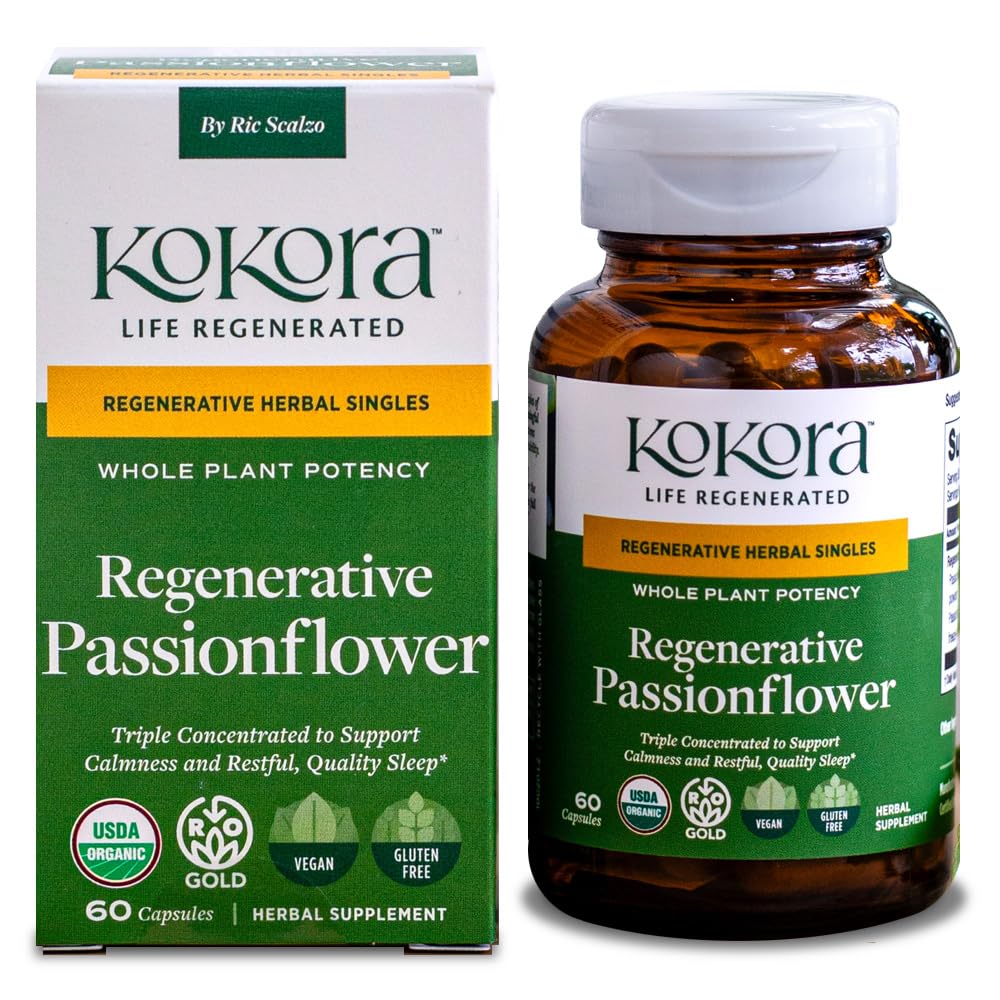 Kokora Regenerative Passionflower - Regenerative Organic Certified - Sleep Supplement* - Relaxation, Calm Mind & Restful Sleep* - Vegan, Non-GMO - 60 Capsules - 30 Servings