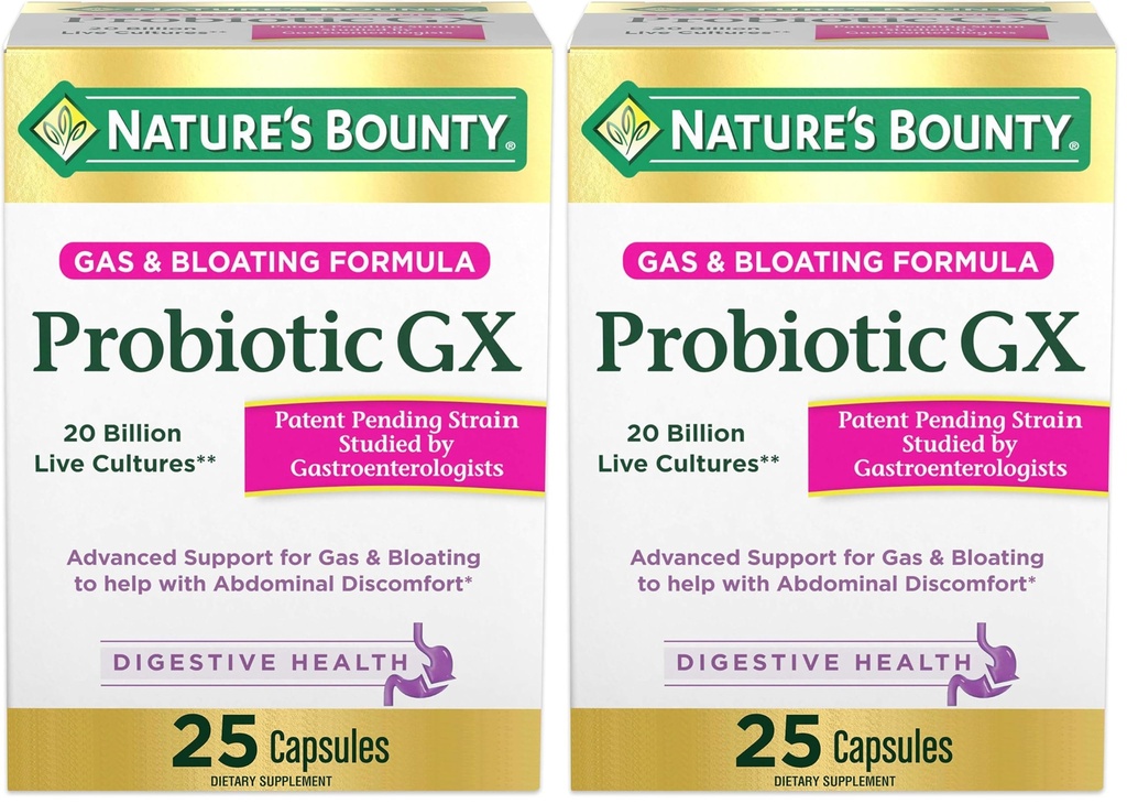 Natur Bounty Probiotische GX, hilft mit gelegentlichem Gas und Blähungen, Nahrungsergänzungsmittel, Verdauungsgesundheit, 25 Kapseln (Paket von 2)