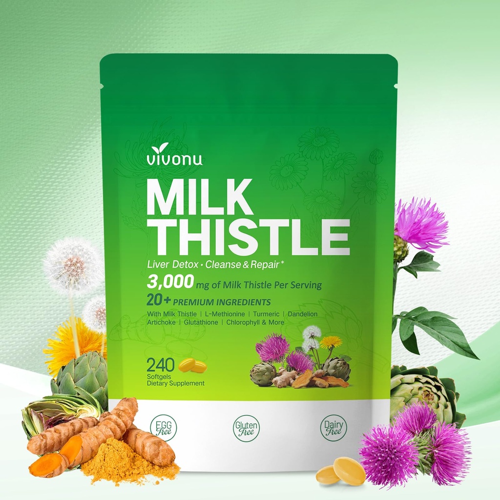 Lait Thistle Foie Capsules Detox, 3000mg Foie Nettoyer Détox & Réparation, 20-en-1 Complexe de soutien avancé avec Thistle de lait, NAD, NAC, ALA, Dandélion, Glutathion, Artichaut, Turmère, Plus 240 Softgels