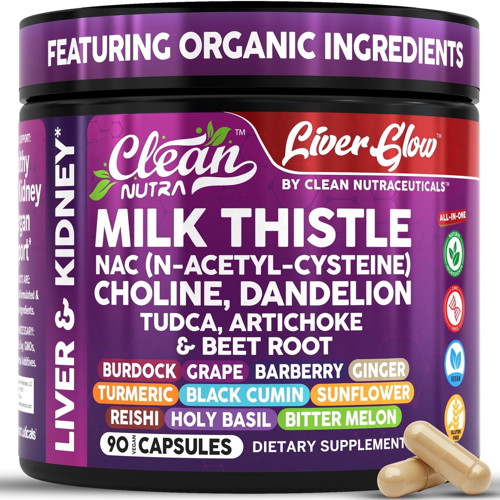 Clean Nutra Organic Milk Thistle Supplement | Liver Cleanse Detox & Repair + NAC Choline Dandelion Root TUDCA Artichoke Beet Root Burdock Holy Basil Kidney & Liver Support 90 Vegan Kapseln