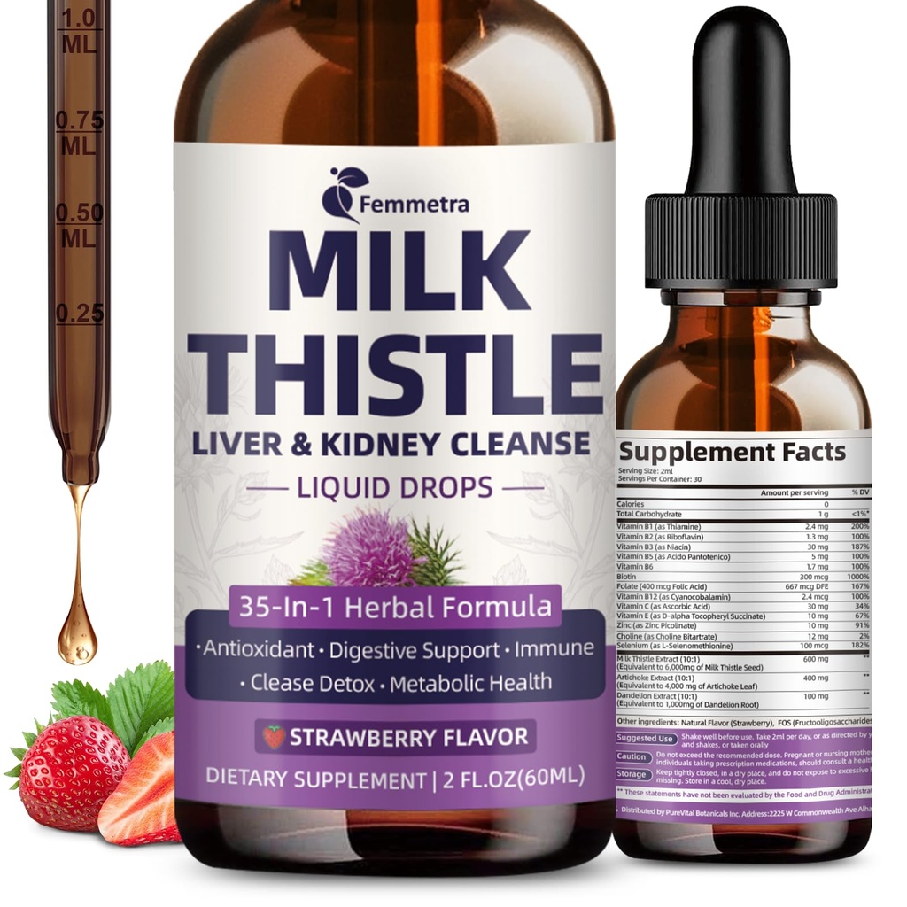 Milk Thistle Extract Liquid Drops für Leberreiniger Detox & Repair, 35-IN-1 Nierenunterstützungsergänzung mit Artichoke & Dandelion für Urinary Tract, Blase, Vegan, Non-GMO, Erdbeeren Flavor, 2 FL OZ