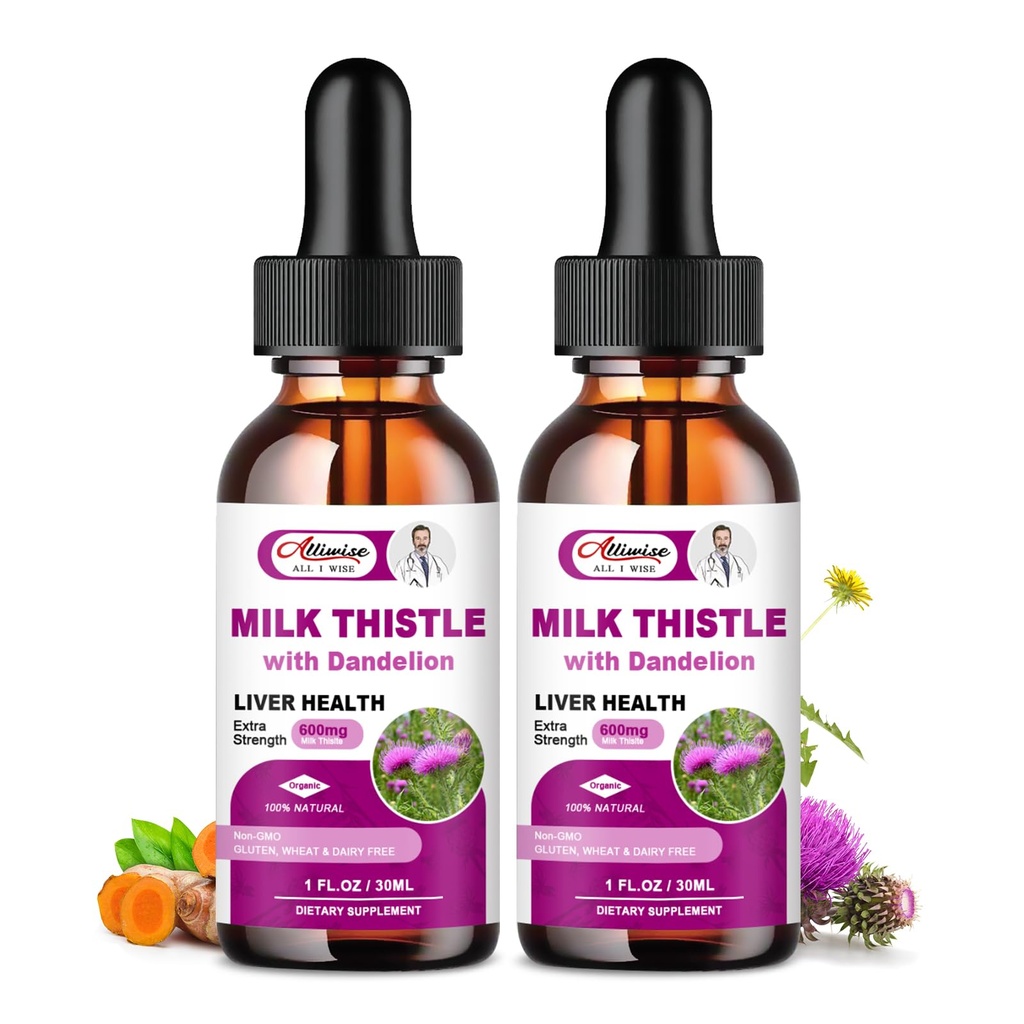 Liver Health Support Liquid 2 Pack,600mg Milk Thistle 80% Silymarin Extract & 250mg Dandelion Root Extract, Liver Cleanse Detox & Repair Fatty Liver Formula, Vegan, Non-GMO und All-Natural