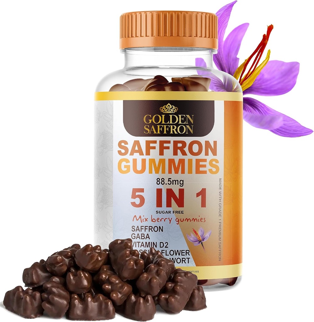 GOLDEN SAFFRON, Gommies de Safran Contient 88,5 mg. Extrait pur de Safran + GABA, Vitamine D2, Fleur de Passion et millepertuis, pour le bien-être holistique, Cherries Flavor Vegan
