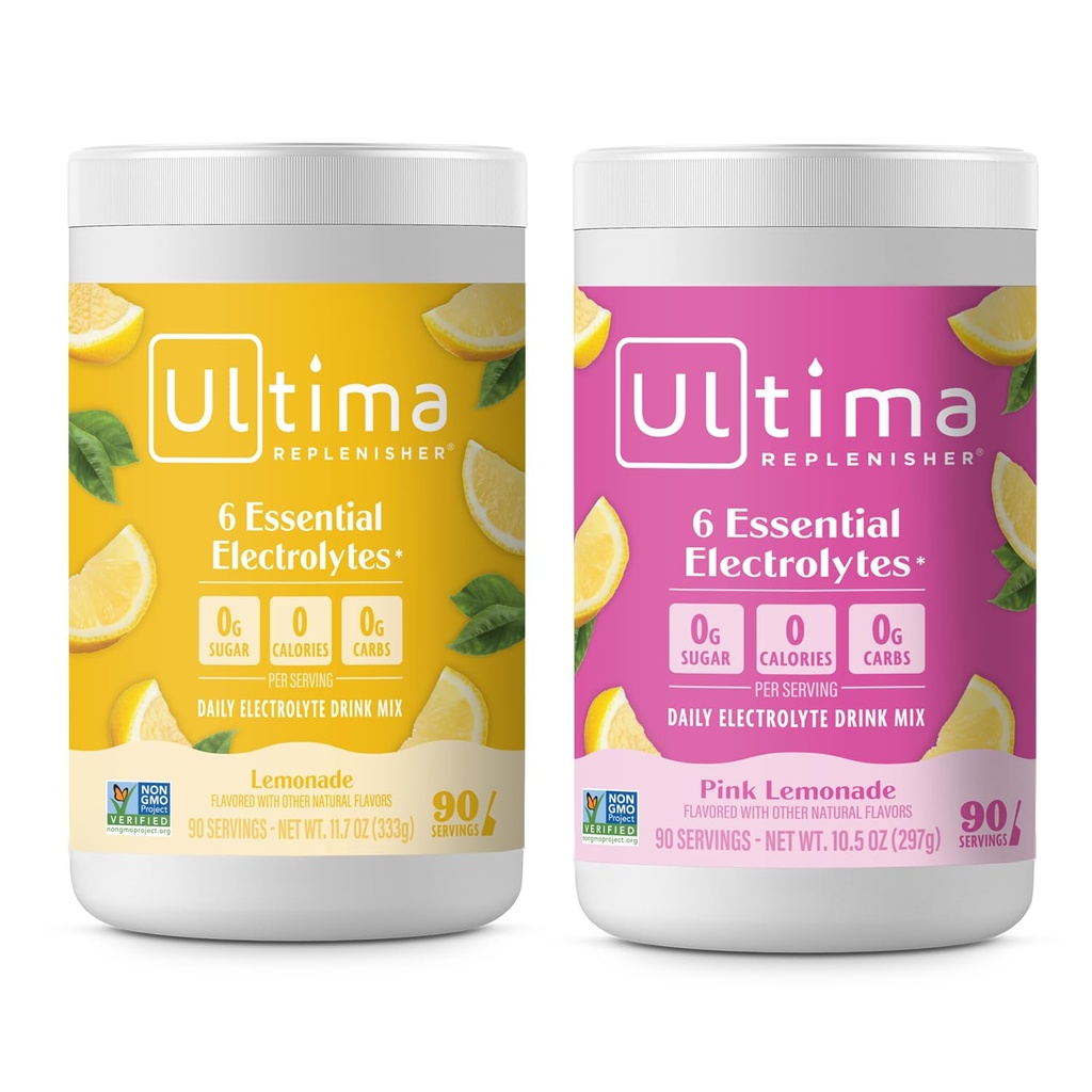 Ultima Replenisher Mélange de poudre d'électrolyte – Sans sucre – Cimonade et citronade rose, 90 portions – Poudre d'hydratation - 6 électrolytes clés et minéraux traces – Keto Friendly, Non-OGM